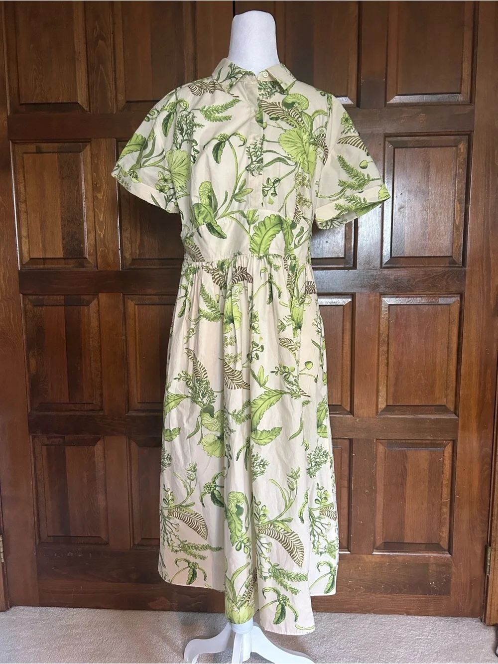 Talbots Modern Poplin Smocked Midi Shirt Dress 12P Branching Floral Green Cotton